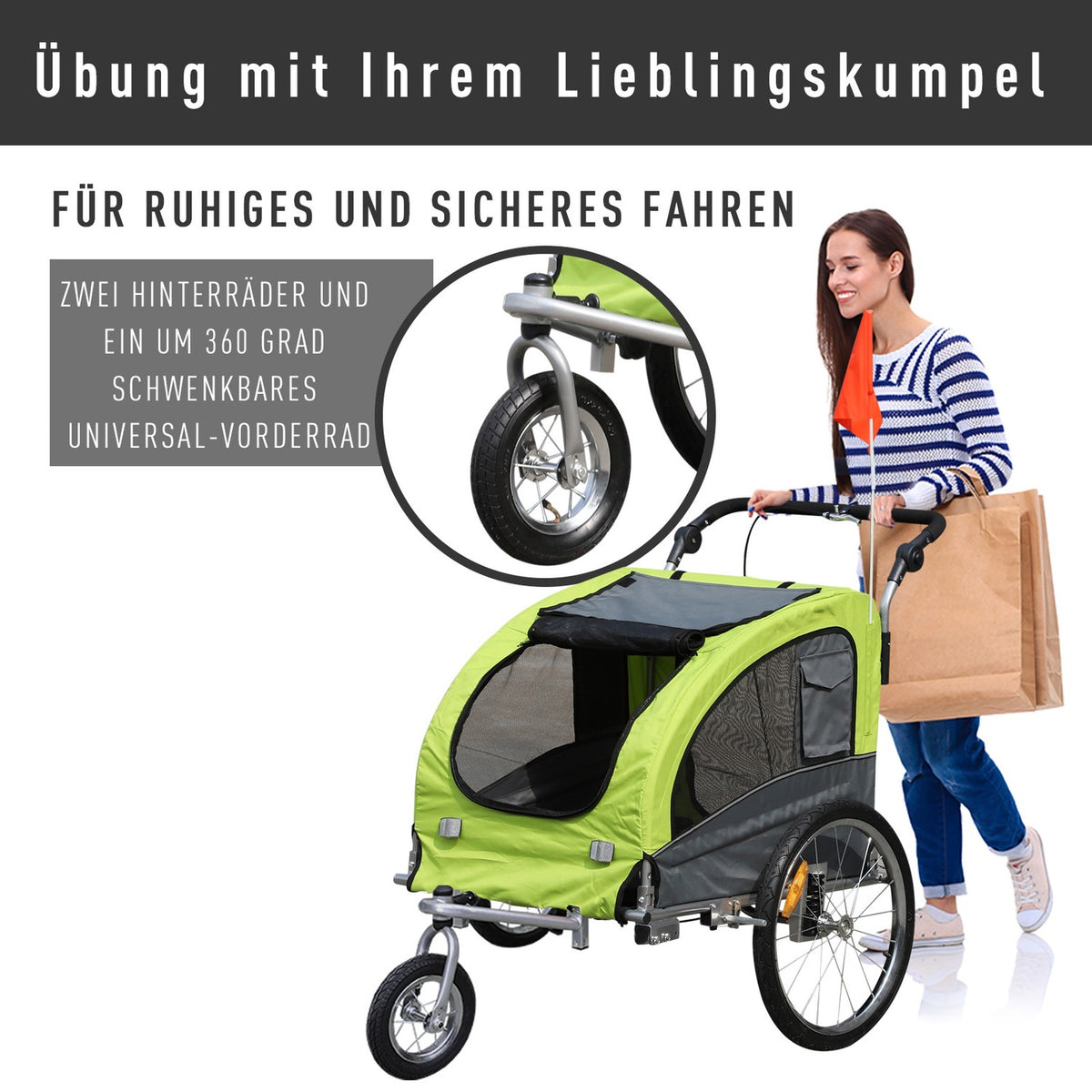 Dog Trailer Jogger Bicycle Trailer For Dogs, Large & Stable, With Safety Flag, Green+Gray, 155X83X108Cm