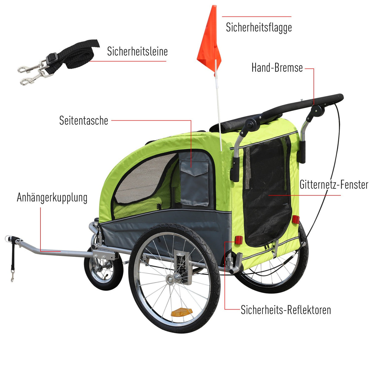 Dog Trailer Jogger Bicycle Trailer For Dogs, Large & Stable, With Safety Flag, Green+Gray, 155X83X108Cm