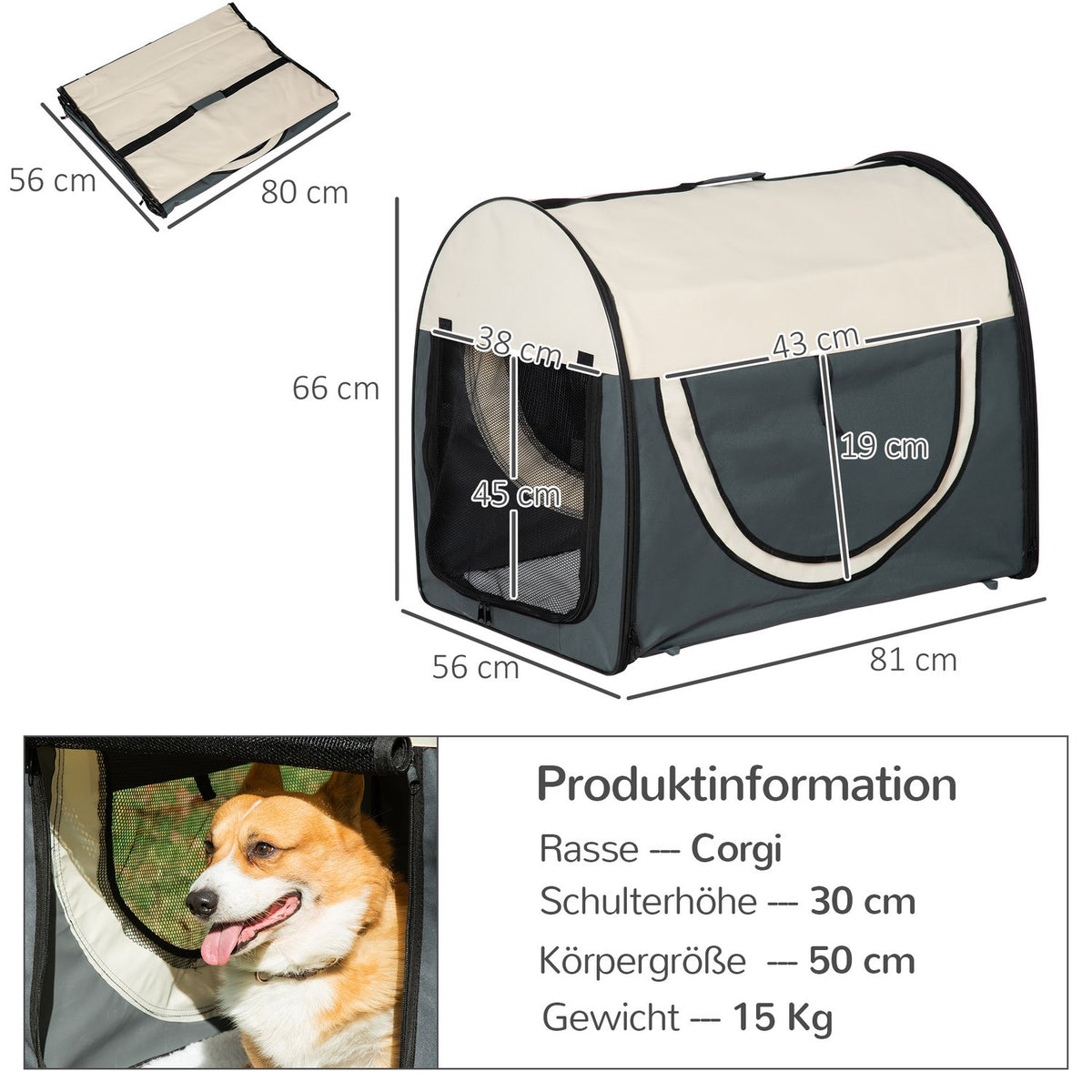Dog Transport Box Foldable Dog Transport Box With Cushion, Waterproof, Oxford Fabric, Dark Gray, 81X56X66Cm