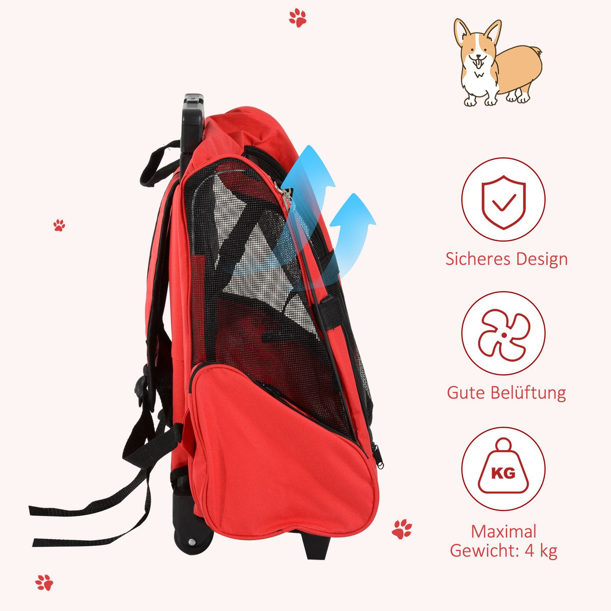 Dog Trolley Carrier Bag Transport Bag For Animals Trolley 2-In-1 With Door And Window Breathable Red 42 X 25 X 55 Cm