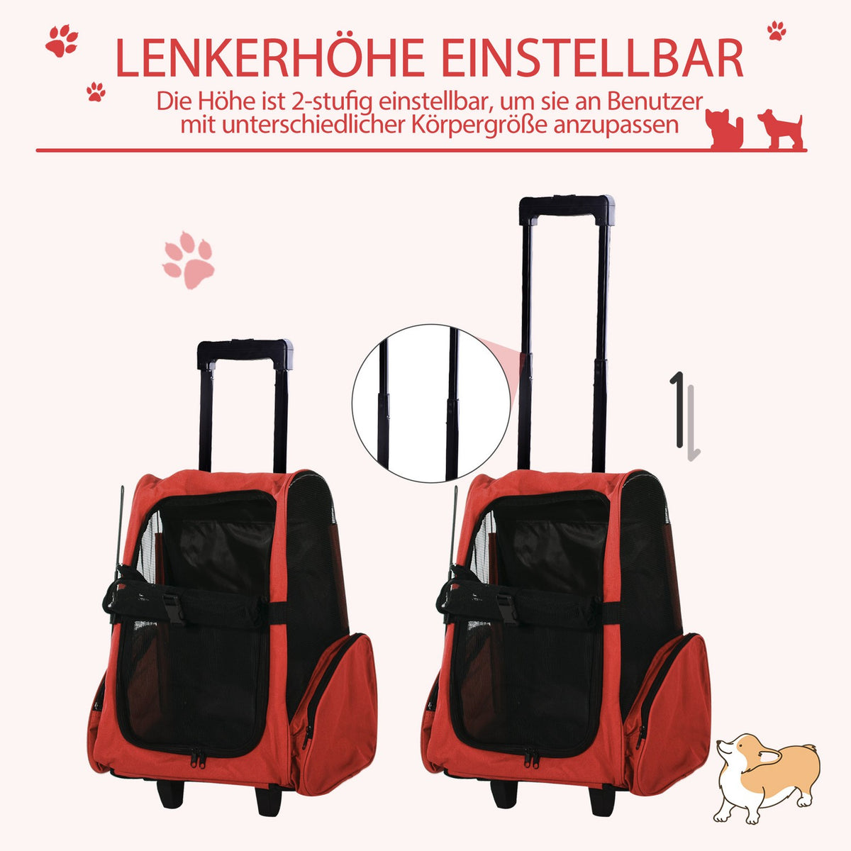 Dog Trolley Carrier Bag Transport Bag For Animals Trolley 2-In-1 With Door And Window Breathable Red 42 X 25 X 55 Cm