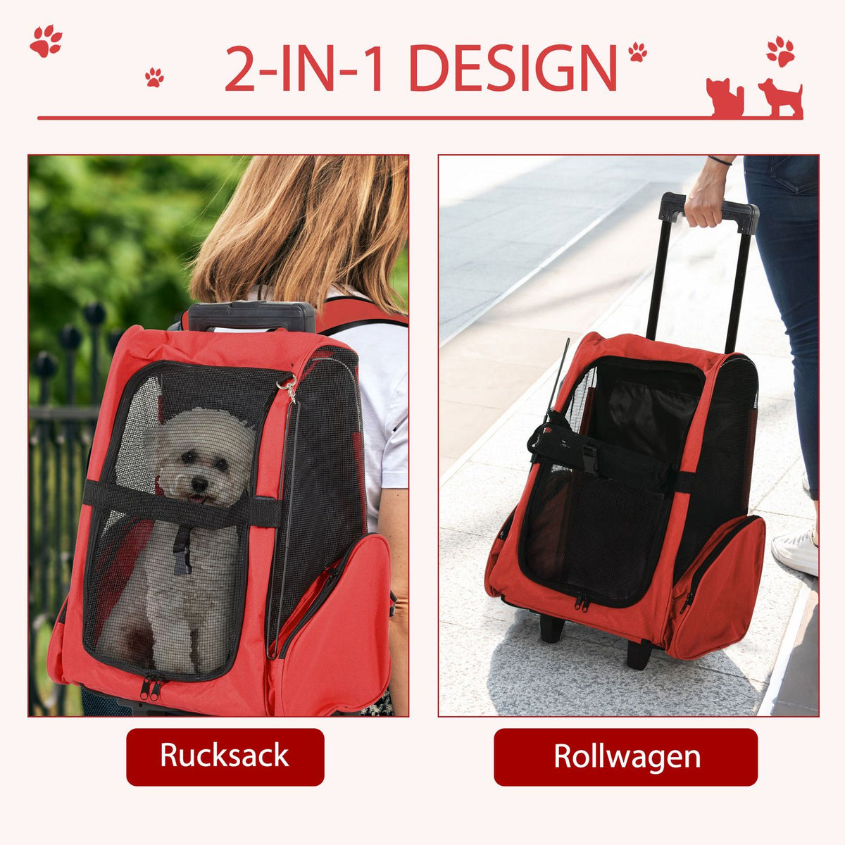 Dog Trolley Carrier Bag Transport Bag For Animals Trolley 2-In-1 With Door And Window Breathable Red 42 X 25 X 55 Cm