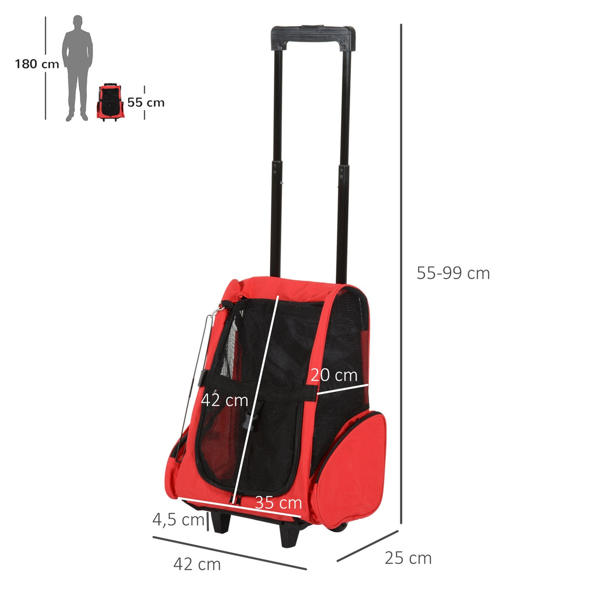 Dog Trolley Carrier Bag Transport Bag For Animals Trolley 2-In-1 With Door And Window Breathable Red 42 X 25 X 55 Cm