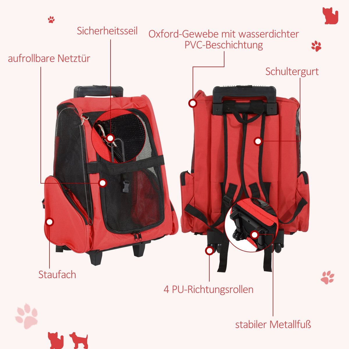 Dog Trolley Carrier Bag Transport Bag For Animals Trolley 2-In-1 With Door And Window Breathable Red 42 X 25 X 55 Cm