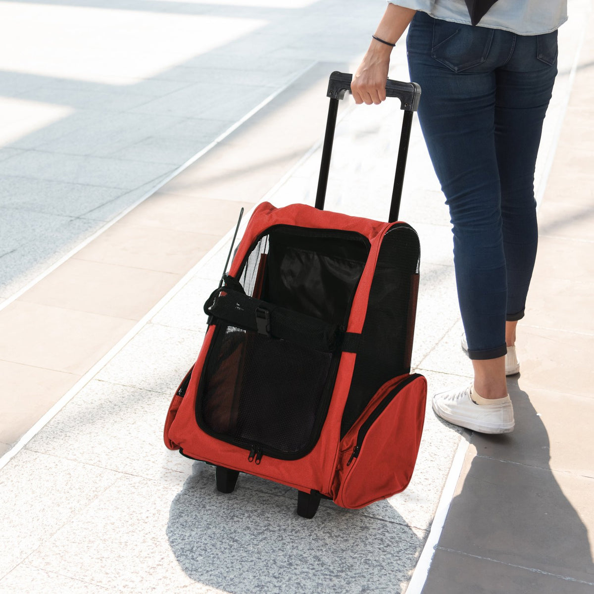 Dog Trolley Carrier Bag Transport Bag For Animals Trolley 2-In-1 With Door And Window Breathable Red 42 X 25 X 55 Cm