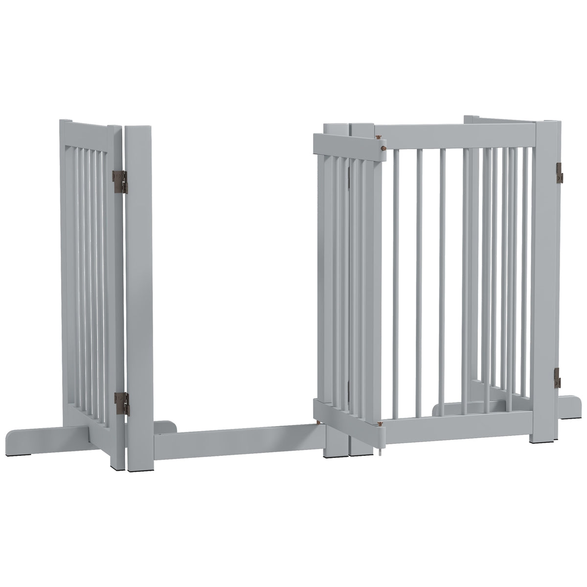 Dog barrier, 4 parts, 204 x 75 cm, foldable door safety gate with door, free-standing dog gate with 2 support feet, wooden stair gate for hallway, kitchen, stairs, light gray