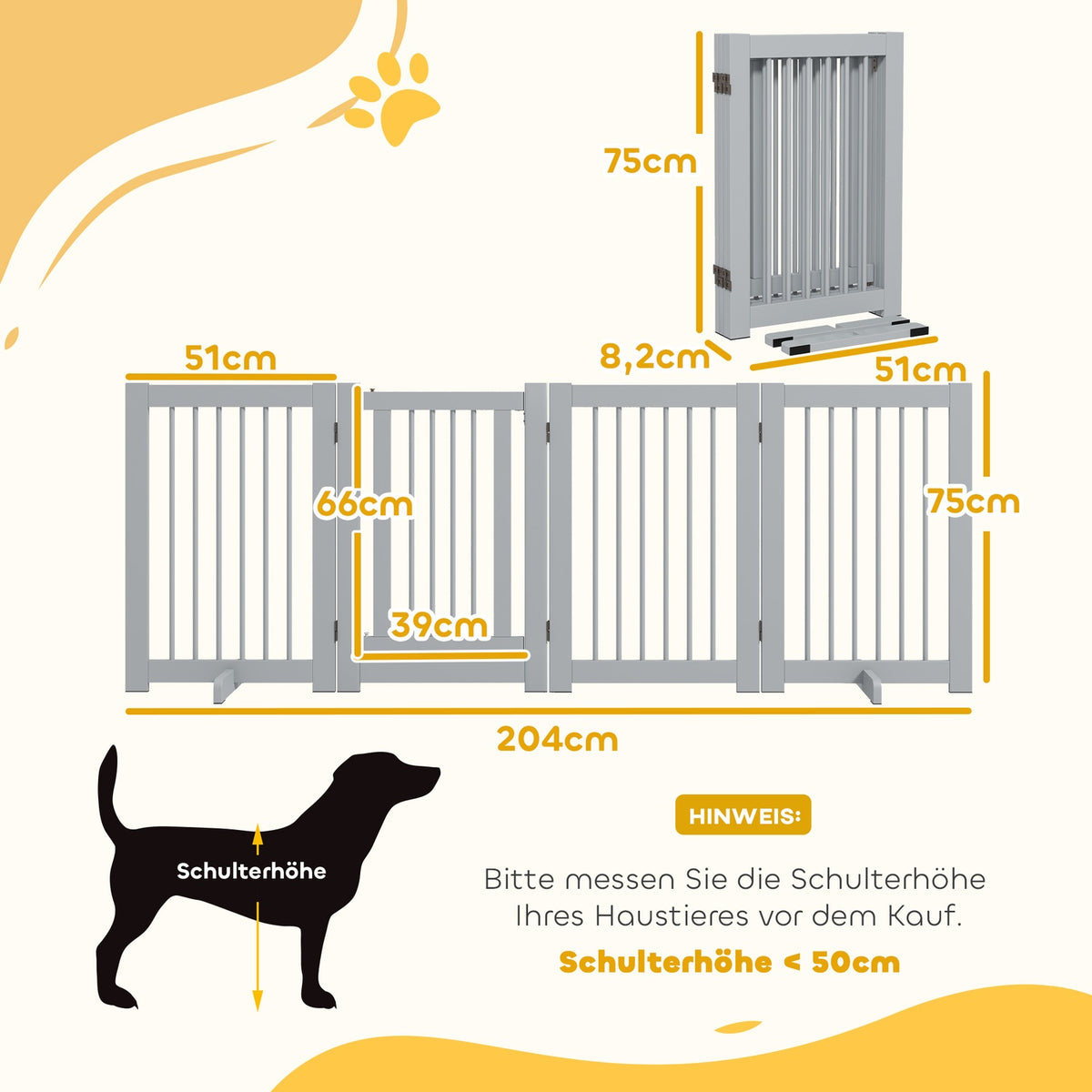 Dog barrier, 4 parts, 204 x 75 cm, foldable door safety gate with door, free-standing dog gate with 2 support feet, wooden stair gate for hallway, kitchen, stairs, light gray
