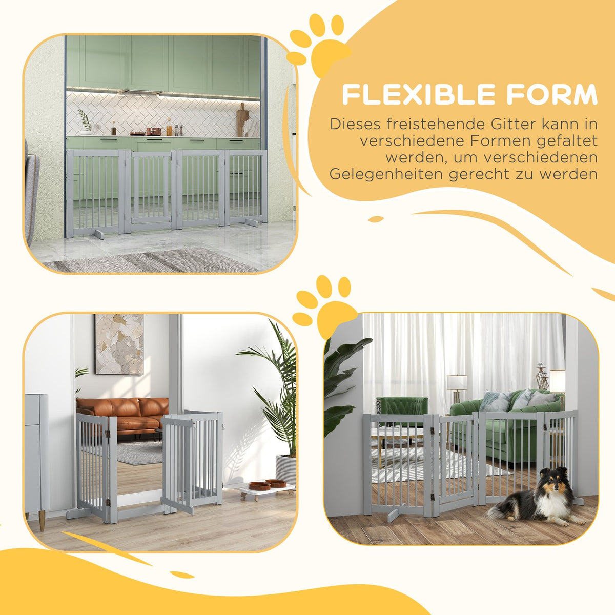 Dog barrier, 4 parts, 204 x 75 cm, foldable door safety gate with door, free-standing dog gate with 2 support feet, wooden stair gate for hallway, kitchen, stairs, light gray