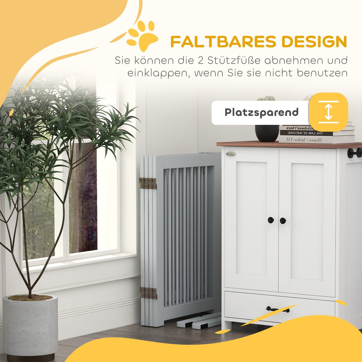Dog barrier, 4 parts, 204 x 75 cm, foldable door safety gate with door, free-standing dog gate with 2 support feet, wooden stair gate for hallway, kitchen, stairs, light gray