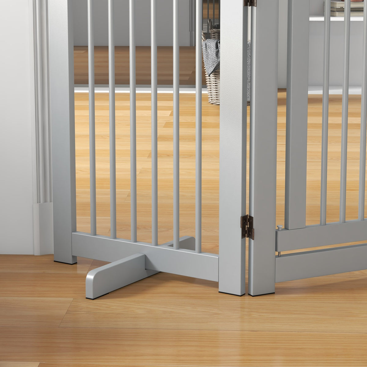 Dog barrier, 4 parts, 204 x 75 cm, foldable door safety gate with door, free-standing dog gate with 2 support feet, wooden stair gate for hallway, kitchen, stairs, light gray