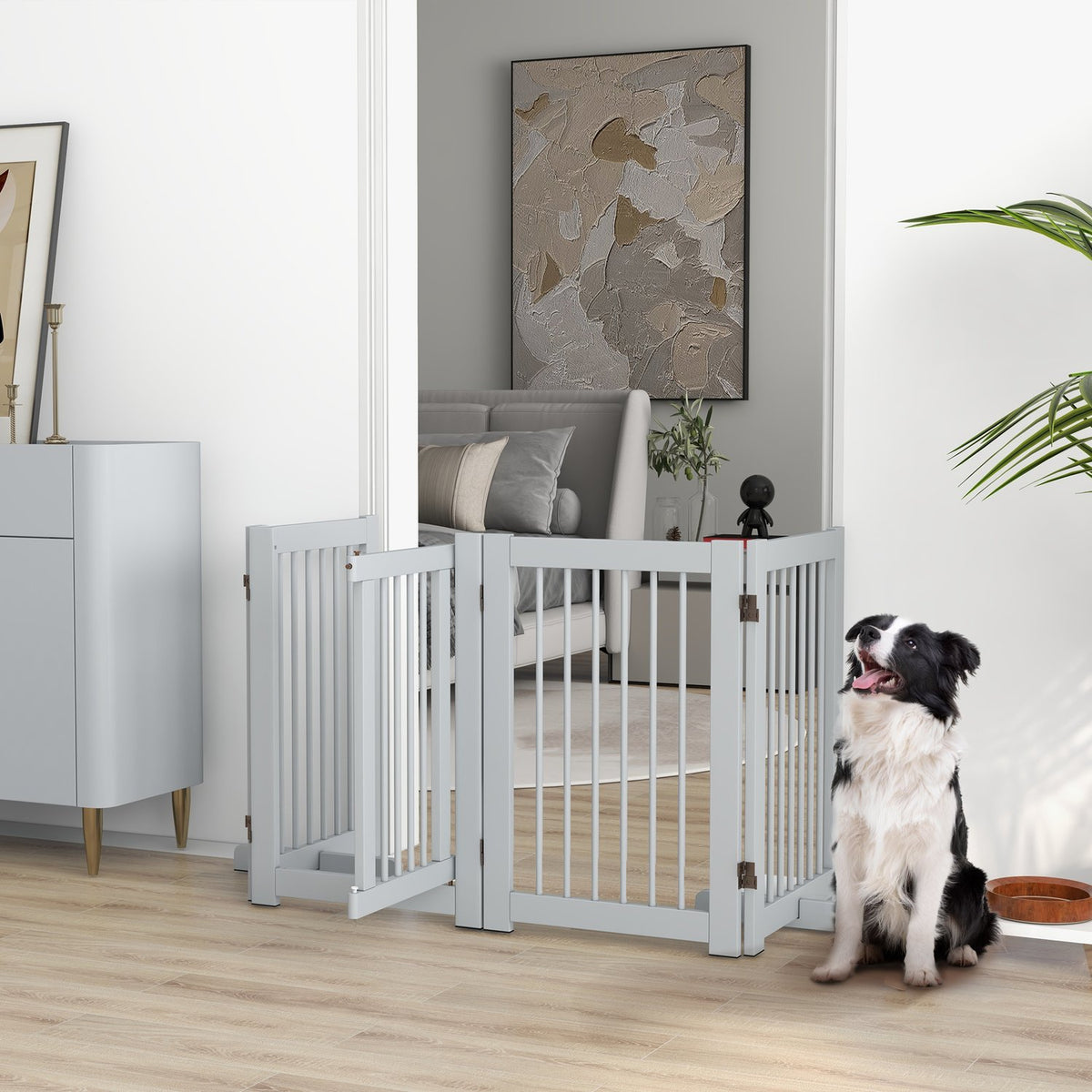 Dog barrier, 4 parts, 204 x 75 cm, foldable door safety gate with door, free-standing dog gate with 2 support feet, wooden stair gate for hallway, kitchen, stairs, light gray