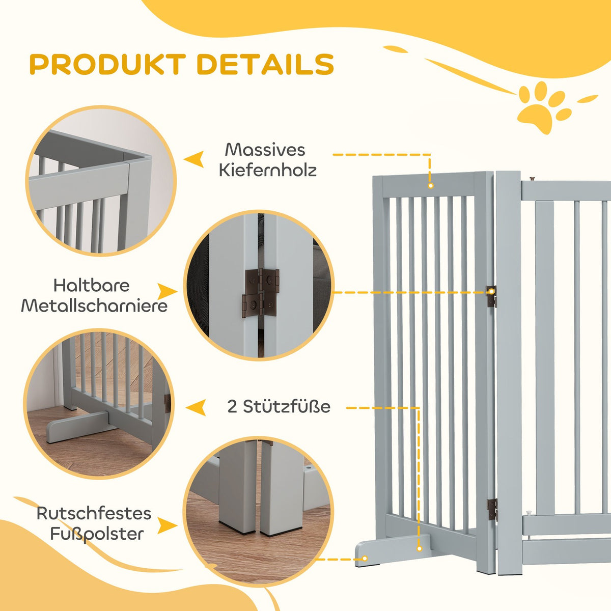 Dog barrier, 4 parts, 204 x 75 cm, foldable door safety gate with door, free-standing dog gate with 2 support feet, wooden stair gate for hallway, kitchen, stairs, light gray