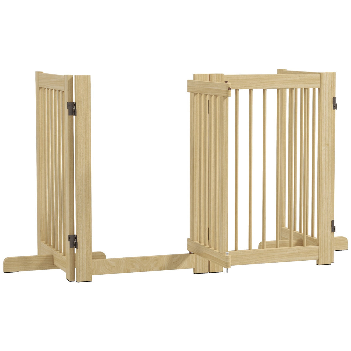 Dog barrier, 4 parts, 204 x 75 cm, foldable door safety gate with door, free-standing dog gate with 2 support feet, wooden stair gate for hallway, kitchen, stairs, natural
