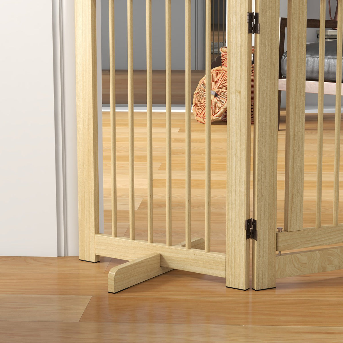 Dog barrier, 4 parts, 204 x 75 cm, foldable door safety gate with door, free-standing dog gate with 2 support feet, wooden stair gate for hallway, kitchen, stairs, natural