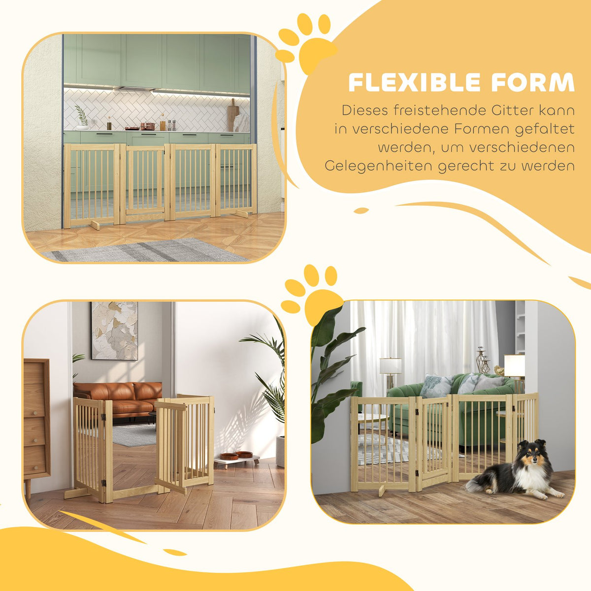 Dog barrier, 4 parts, 204 x 75 cm, foldable door safety gate with door, free-standing dog gate with 2 support feet, wooden stair gate for hallway, kitchen, stairs, natural