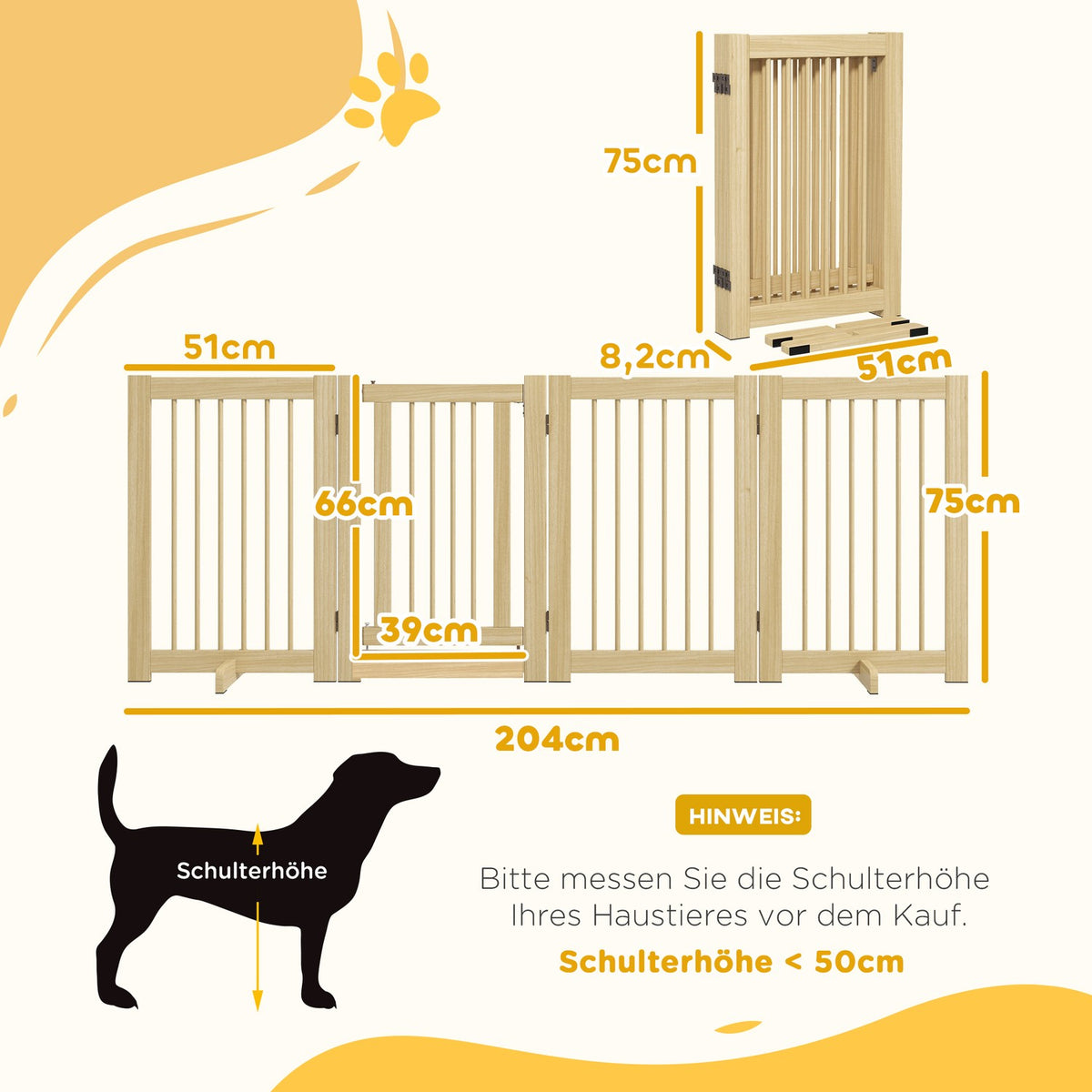 Dog barrier, 4 parts, 204 x 75 cm, foldable door safety gate with door, free-standing dog gate with 2 support feet, wooden stair gate for hallway, kitchen, stairs, natural