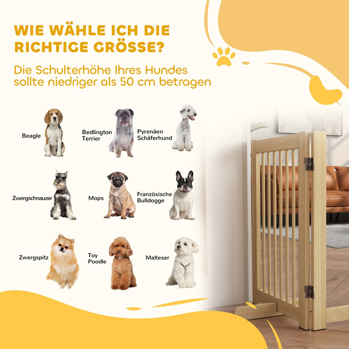 Dog barrier, 4 parts, 204 x 75 cm, foldable door safety gate with door, free-standing dog gate with 2 support feet, wooden stair gate for hallway, kitchen, stairs, natural