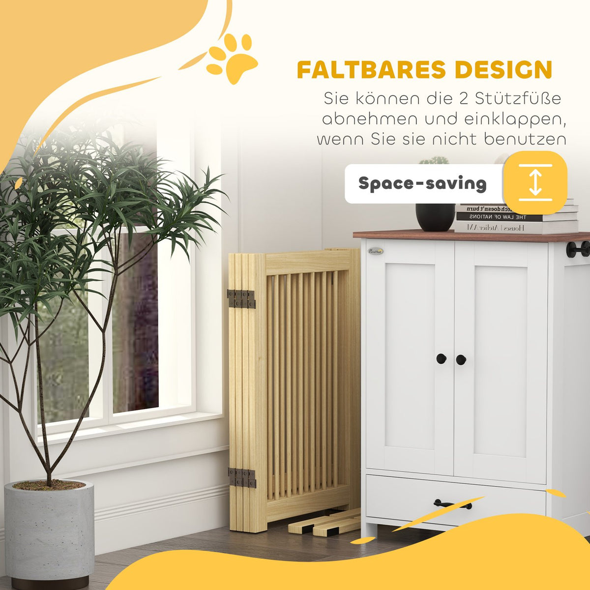Dog barrier, 4 parts, 204 x 75 cm, foldable door safety gate with door, free-standing dog gate with 2 support feet, wooden stair gate for hallway, kitchen, stairs, natural