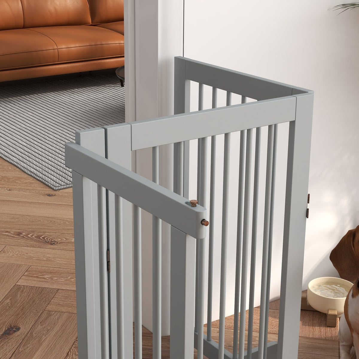Dog barrier, 4 parts, 220 x 91 cm, foldable door safety gate with door, free-standing dog gate made of wood, with 2 support feet, stair gate for kitchen, hallway, stairs, light gray