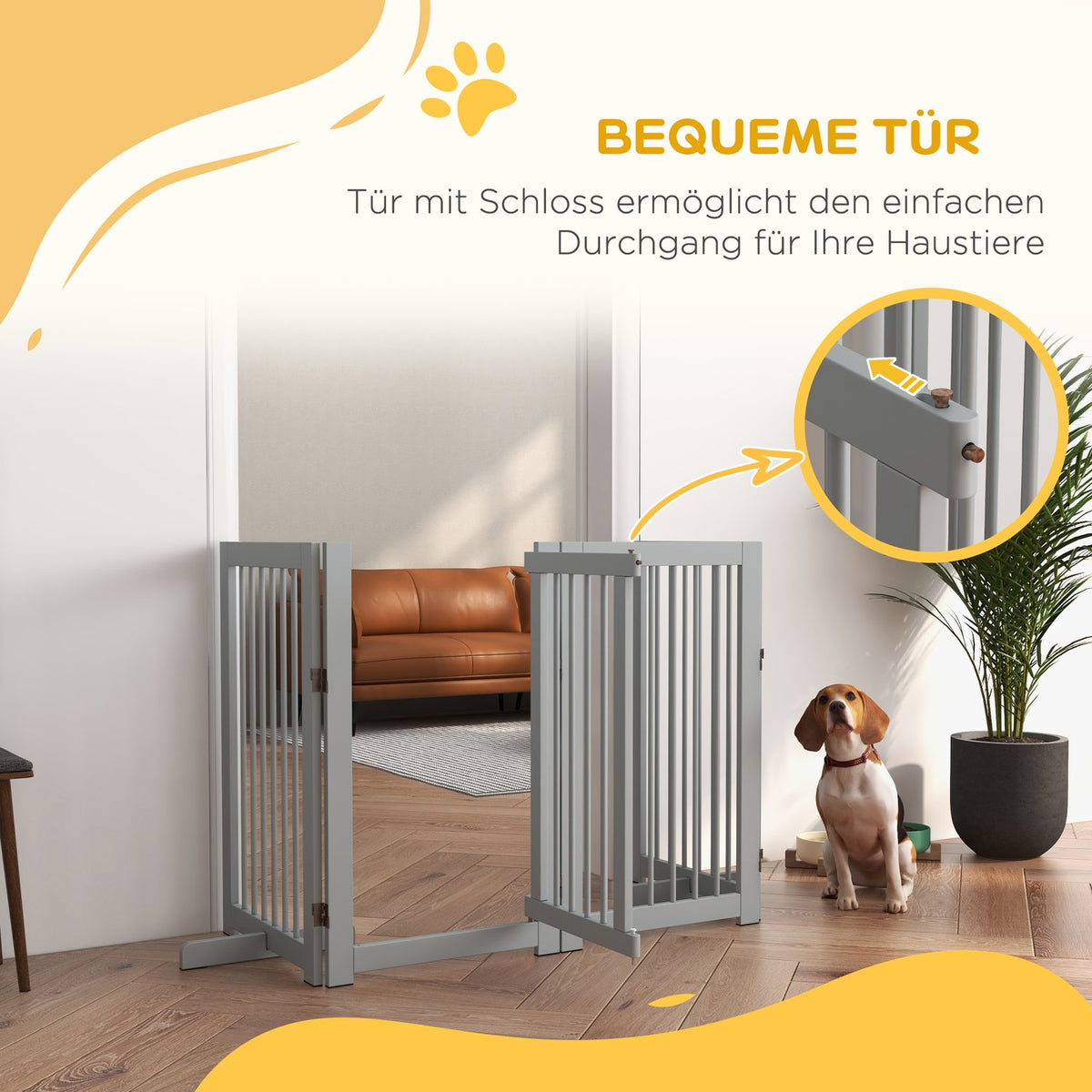 Dog barrier, 4 parts, 220 x 91 cm, foldable door safety gate with door, free-standing dog gate made of wood, with 2 support feet, stair gate for kitchen, hallway, stairs, light gray