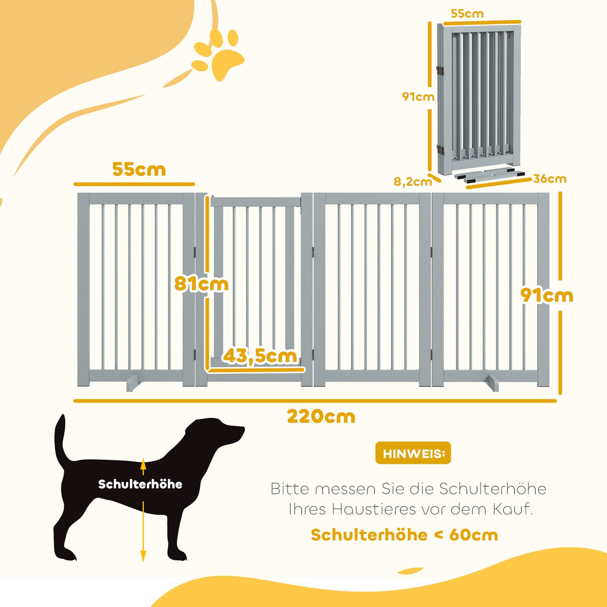 Dog barrier, 4 parts, 220 x 91 cm, foldable door safety gate with door, free-standing dog gate made of wood, with 2 support feet, stair gate for kitchen, hallway, stairs, light gray
