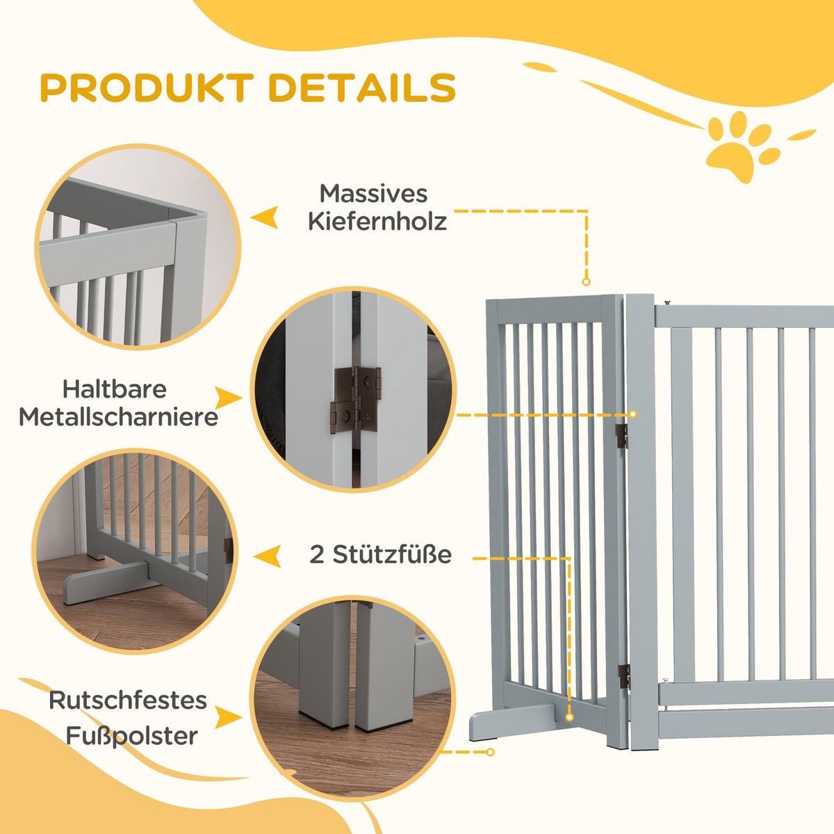 Dog barrier, 4 parts, 220 x 91 cm, foldable door safety gate with door, free-standing dog gate made of wood, with 2 support feet, stair gate for kitchen, hallway, stairs, light gray