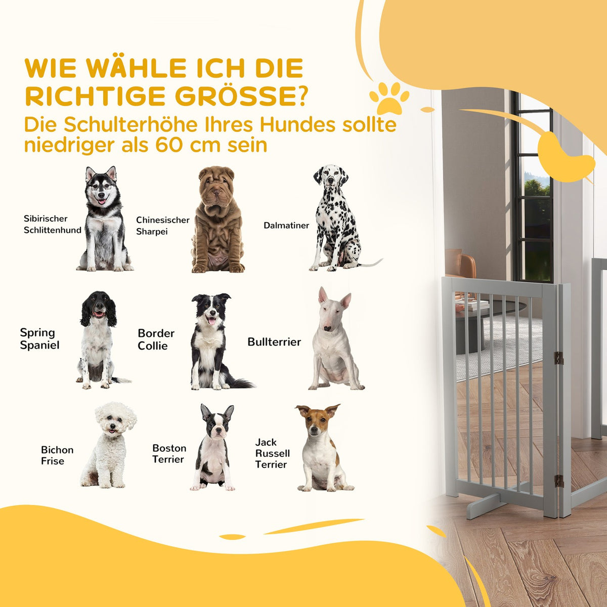 Dog barrier, 4 parts, 220 x 91 cm, foldable door safety gate with door, free-standing dog gate made of wood, with 2 support feet, stair gate for kitchen, hallway, stairs, light gray