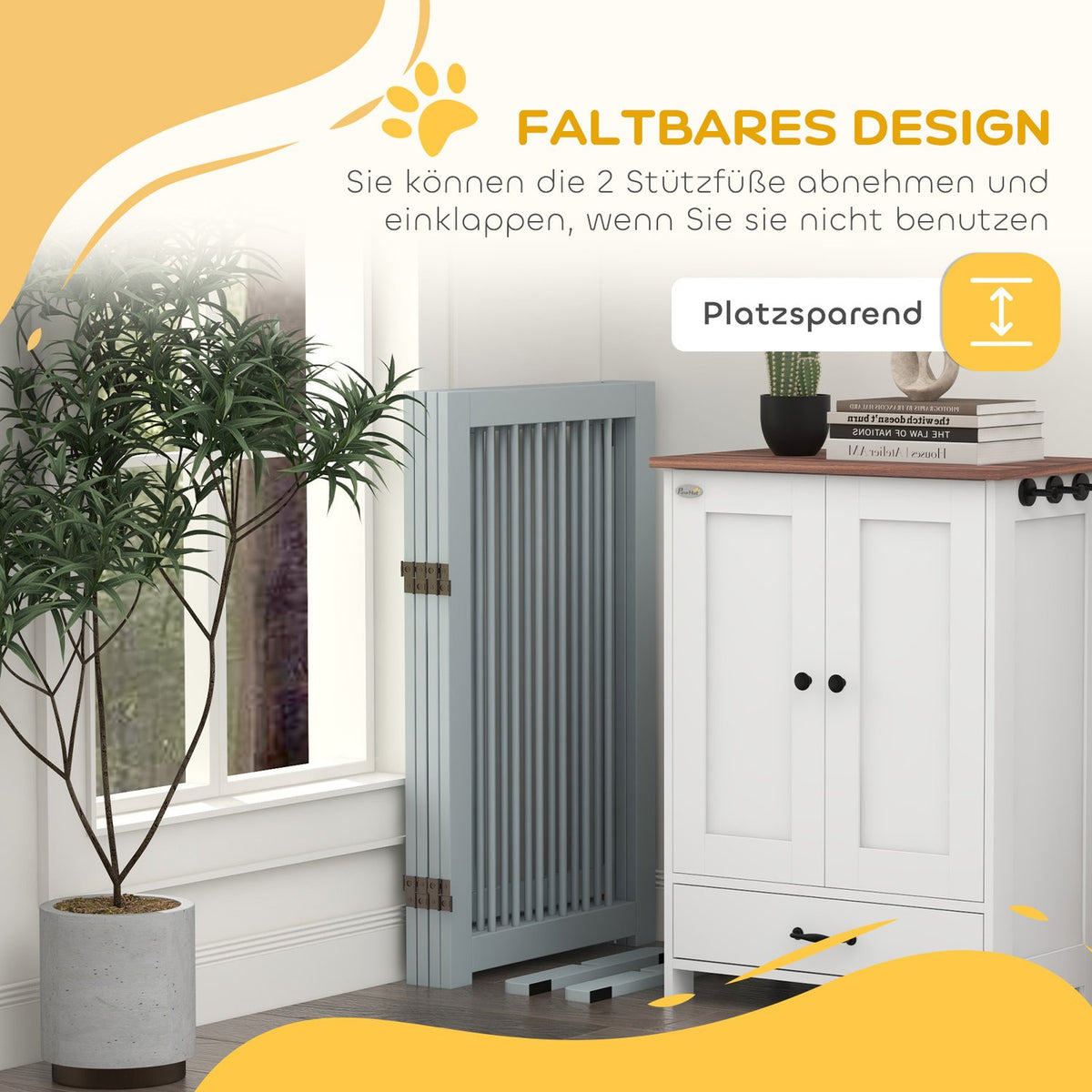 Dog barrier, 4 parts, 220 x 91 cm, foldable door safety gate with door, free-standing dog gate made of wood, with 2 support feet, stair gate for kitchen, hallway, stairs, light gray