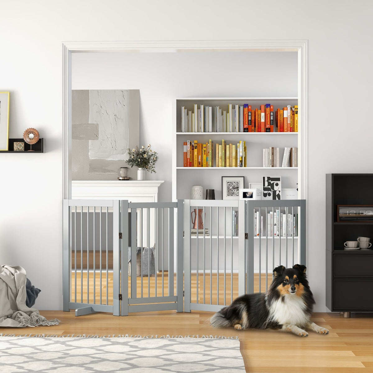 Dog barrier, 4 parts, 220 x 91 cm, foldable door safety gate with door, free-standing dog gate made of wood, with 2 support feet, stair gate for kitchen, hallway, stairs, light gray