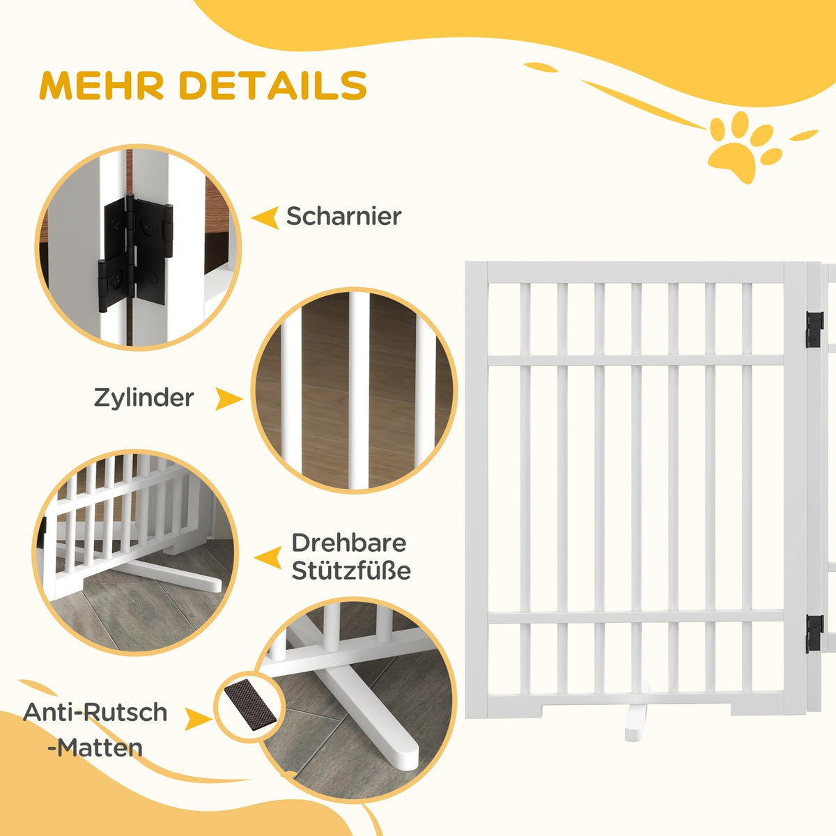 Dog barrier, 4 pieces, 183 x 61 cm, foldable door safety gate made of wood, free-standing dog gate with 2 support feet