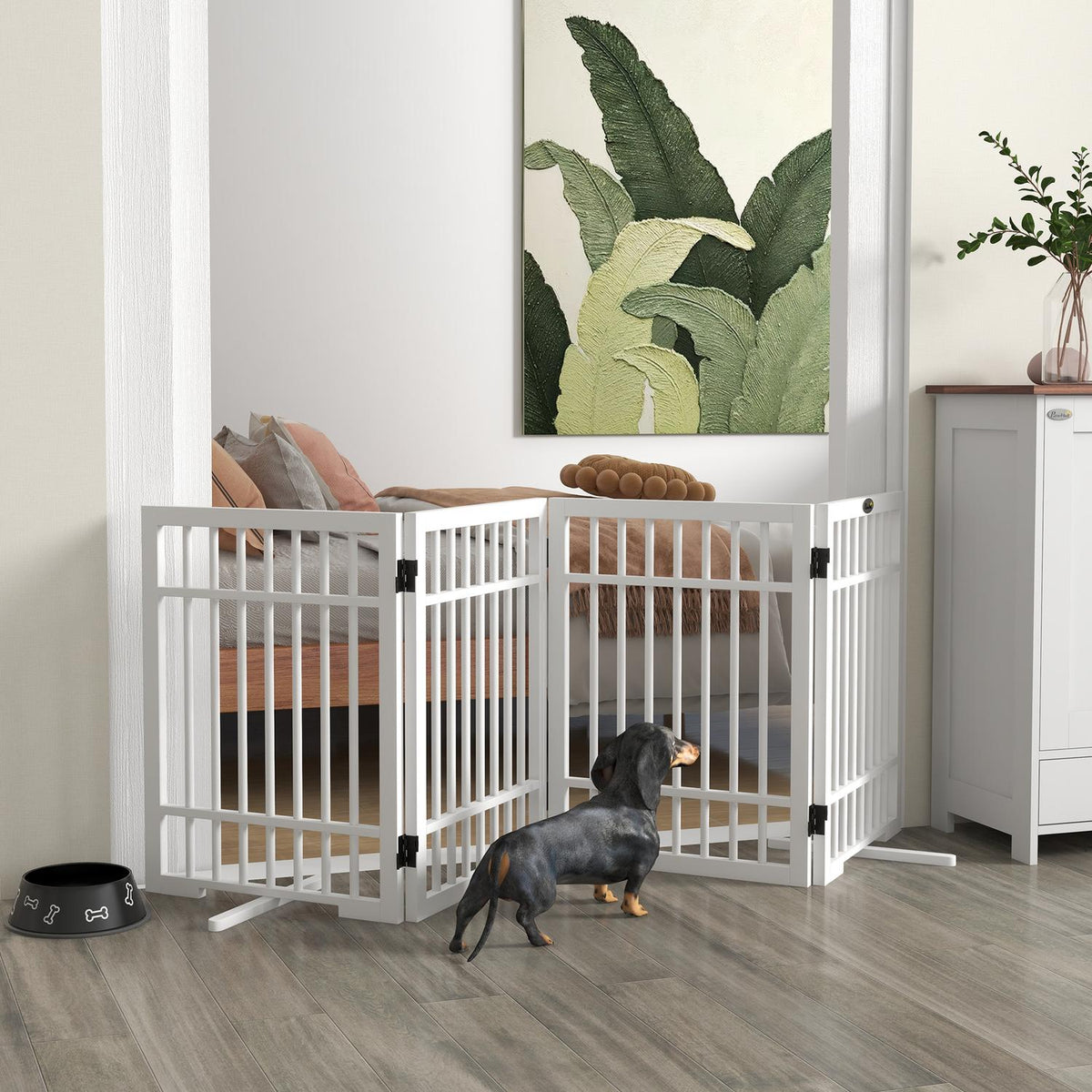Dog barrier, 4 pieces, 183 x 61 cm, foldable door safety gate made of wood, free-standing dog gate with 2 support feet