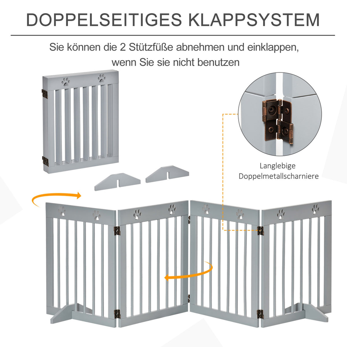 Dog barrier, 4 pieces, 204 x 61 cm, foldable door safety gate with 2 support feet, free-standing dog gate, wooden stair gate for hallway, stairs, light gray