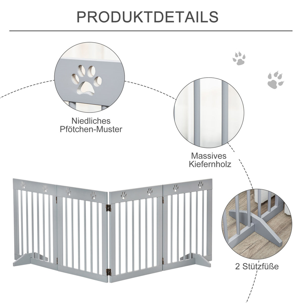 Dog barrier, 4 pieces, 204 x 61 cm, foldable door safety gate with 2 support feet, free-standing dog gate, wooden stair gate for hallway, stairs, light gray