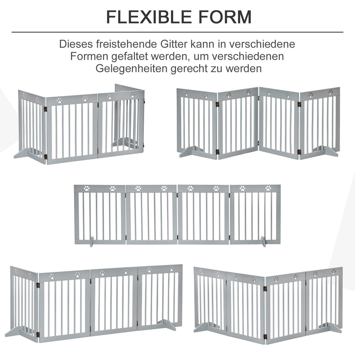 Dog barrier, 4 pieces, 204 x 61 cm, foldable door safety gate with 2 support feet, free-standing dog gate, wooden stair gate for hallway, stairs, light gray
