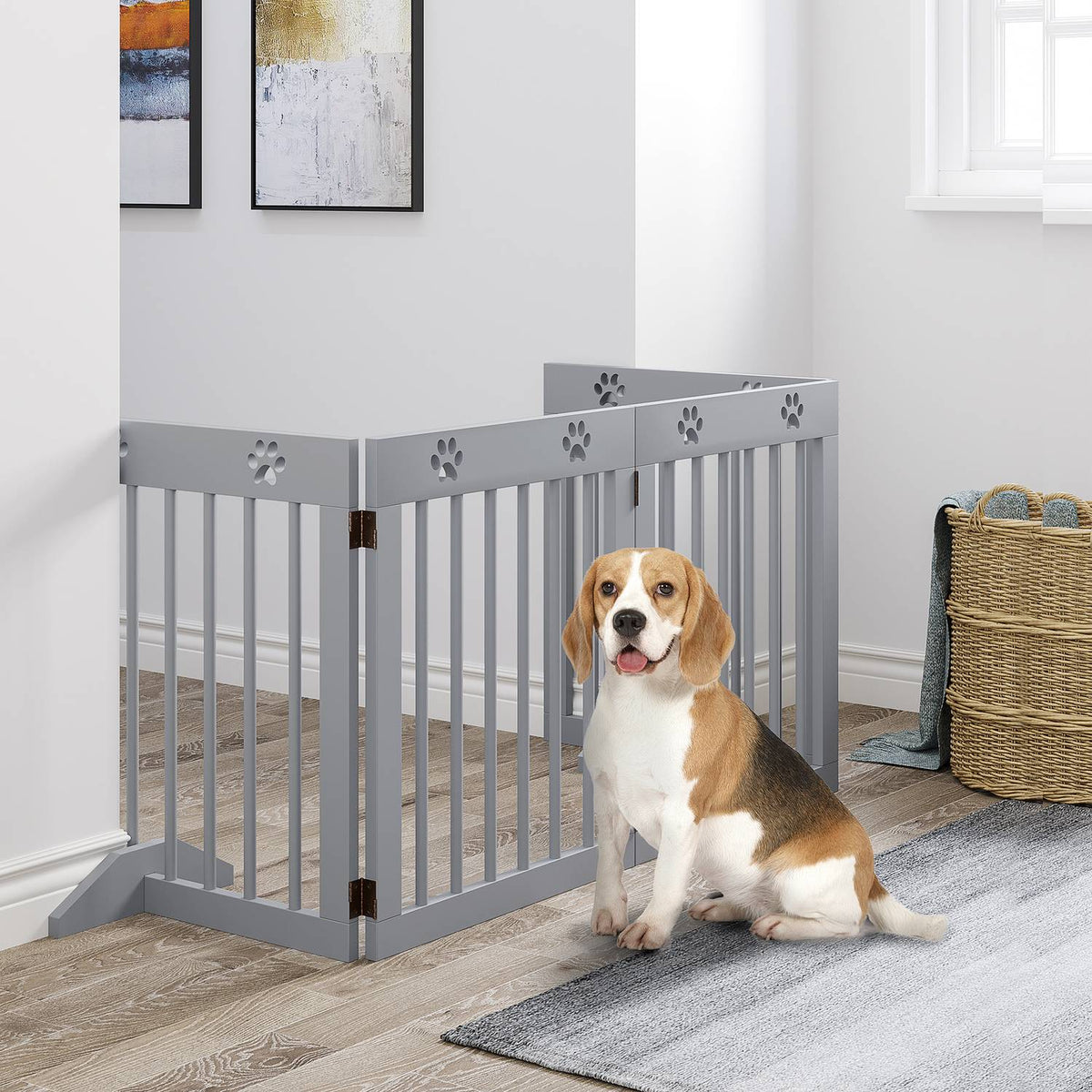 Dog barrier, 4 pieces, 204 x 61 cm, foldable door safety gate with 2 support feet, free-standing dog gate, wooden stair gate for hallway, stairs, light gray