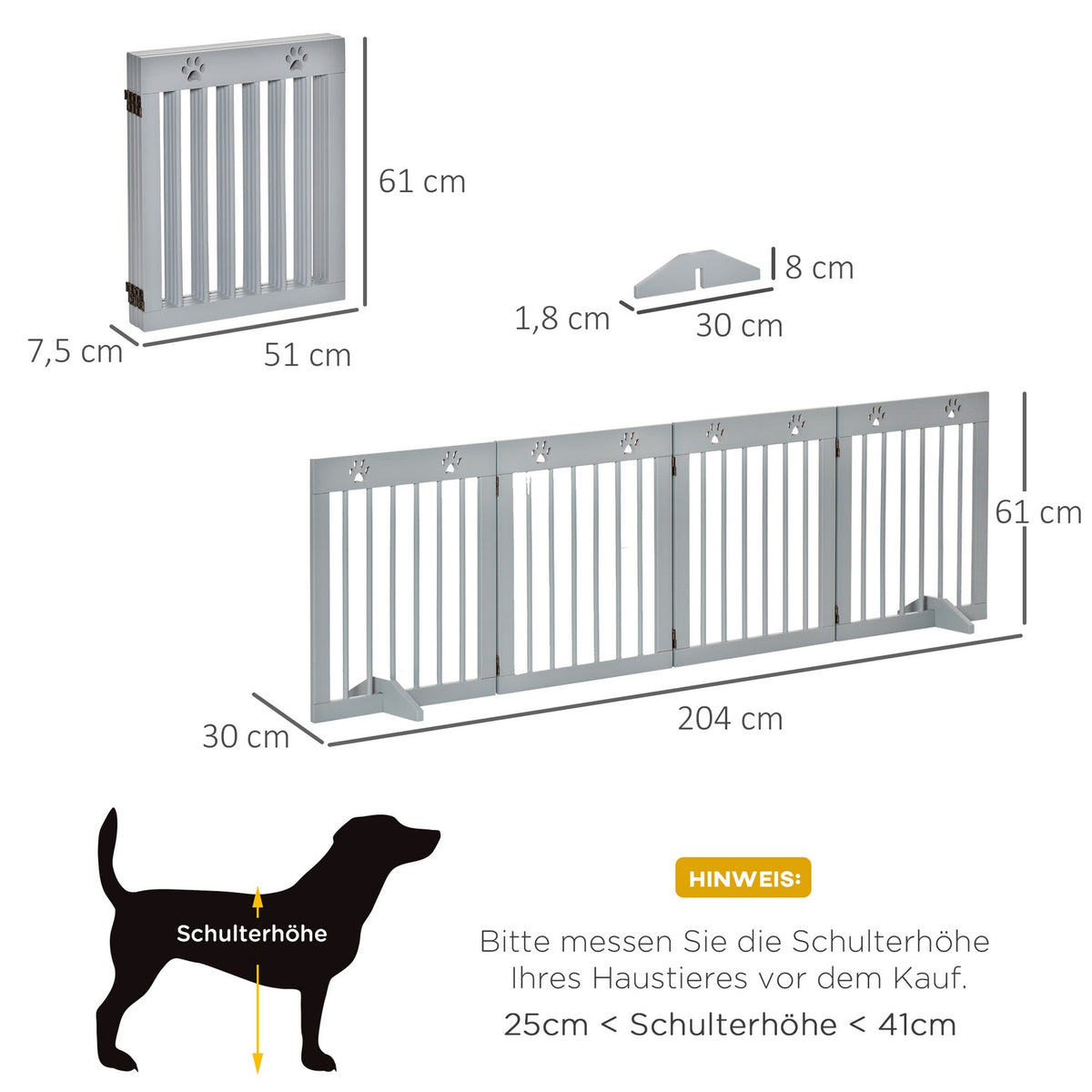 Dog barrier, 4 pieces, 204 x 61 cm, foldable door safety gate with 2 support feet, free-standing dog gate, wooden stair gate for hallway, stairs, light gray