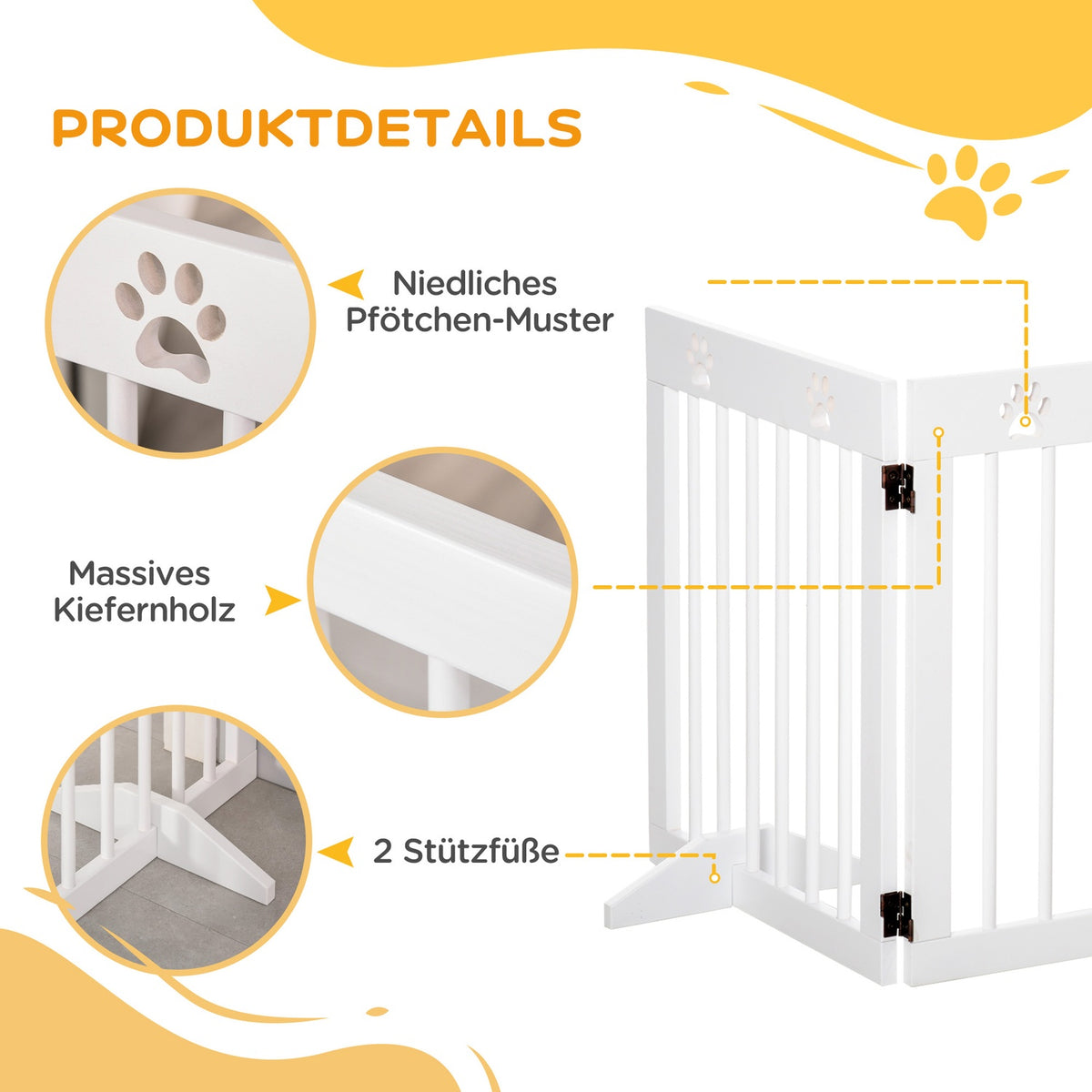 Dog barrier, 4 pieces, 204 x 61 cm, foldable door safety gate with 2 support feet, free-standing dog gate, wooden stair gate for hallway, stairs, white