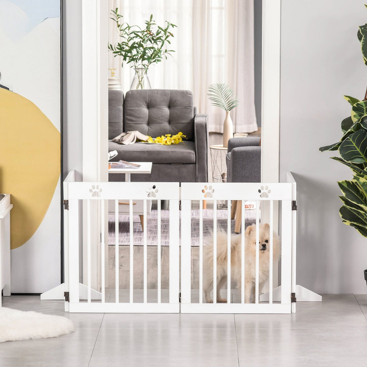 Dog barrier, 4 pieces, 204 x 61 cm, foldable door safety gate with 2 support feet, free-standing dog gate, wooden stair gate for hallway, stairs, white