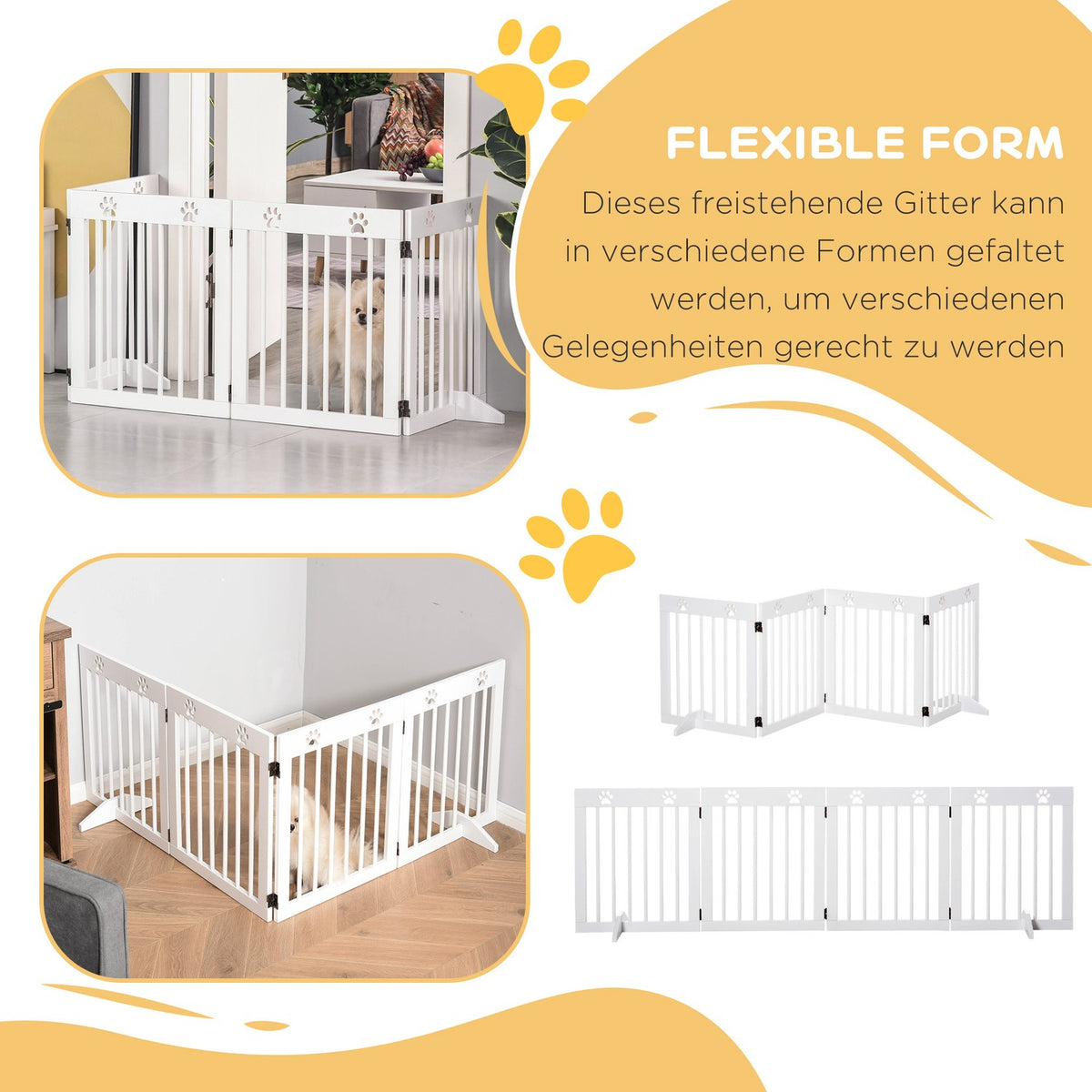 Dog barrier, 4 pieces, 204 x 61 cm, foldable door safety gate with 2 support feet, free-standing dog gate, wooden stair gate for hallway, stairs, white