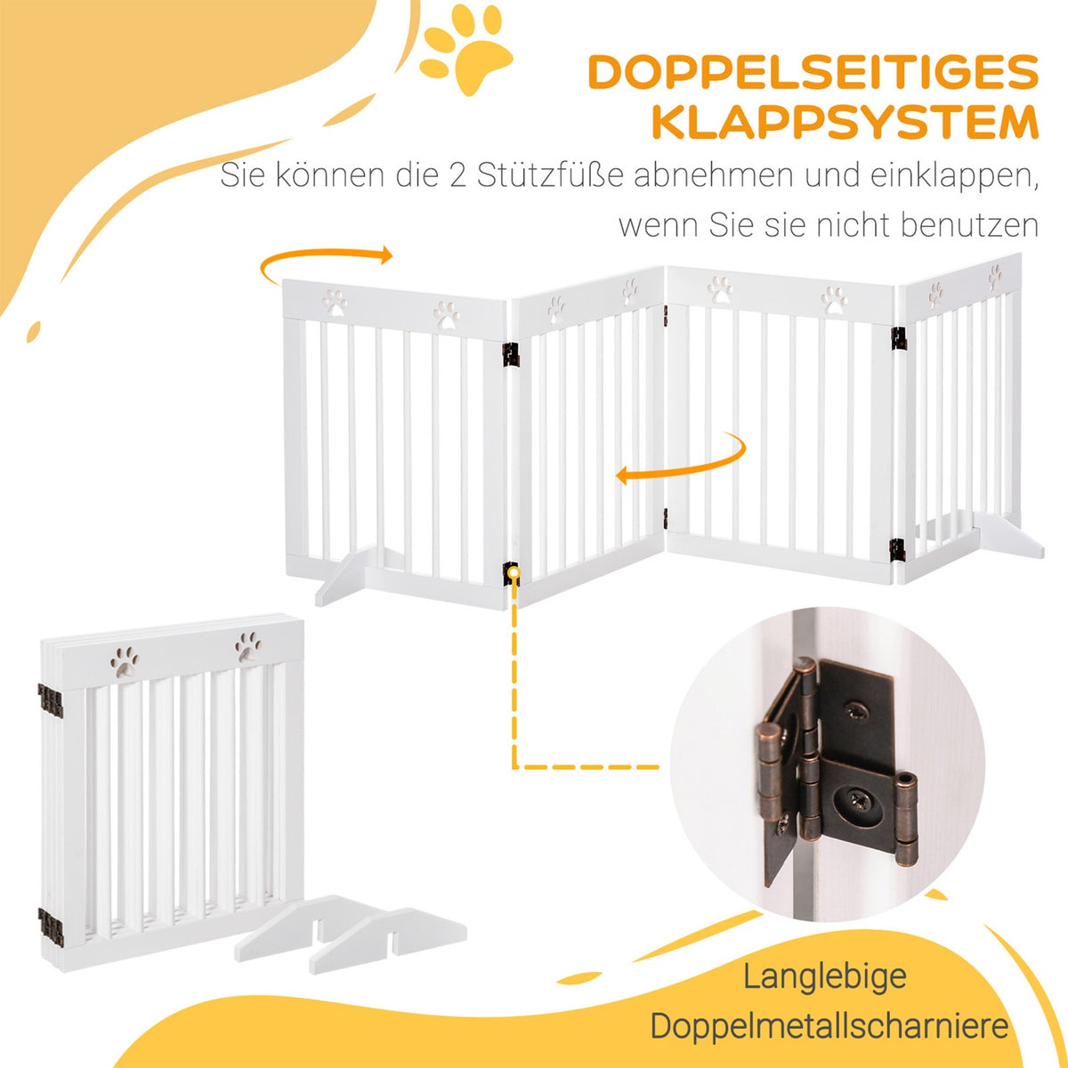 Dog barrier, 4 pieces, 204 x 61 cm, foldable door safety gate with 2 support feet, free-standing dog gate, wooden stair gate for hallway, stairs, white