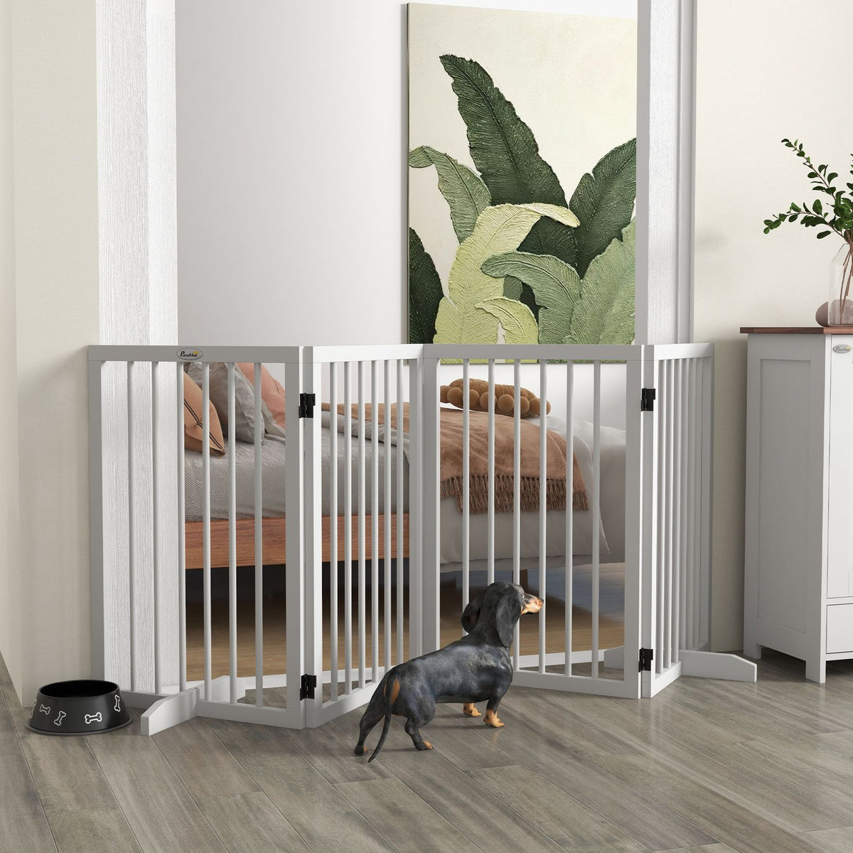 Dog barrier, 4 pieces, 206 x 76 cm, foldable door safety gate with 2 support feet, free-standing wooden dog gate, stair gate for kitchen