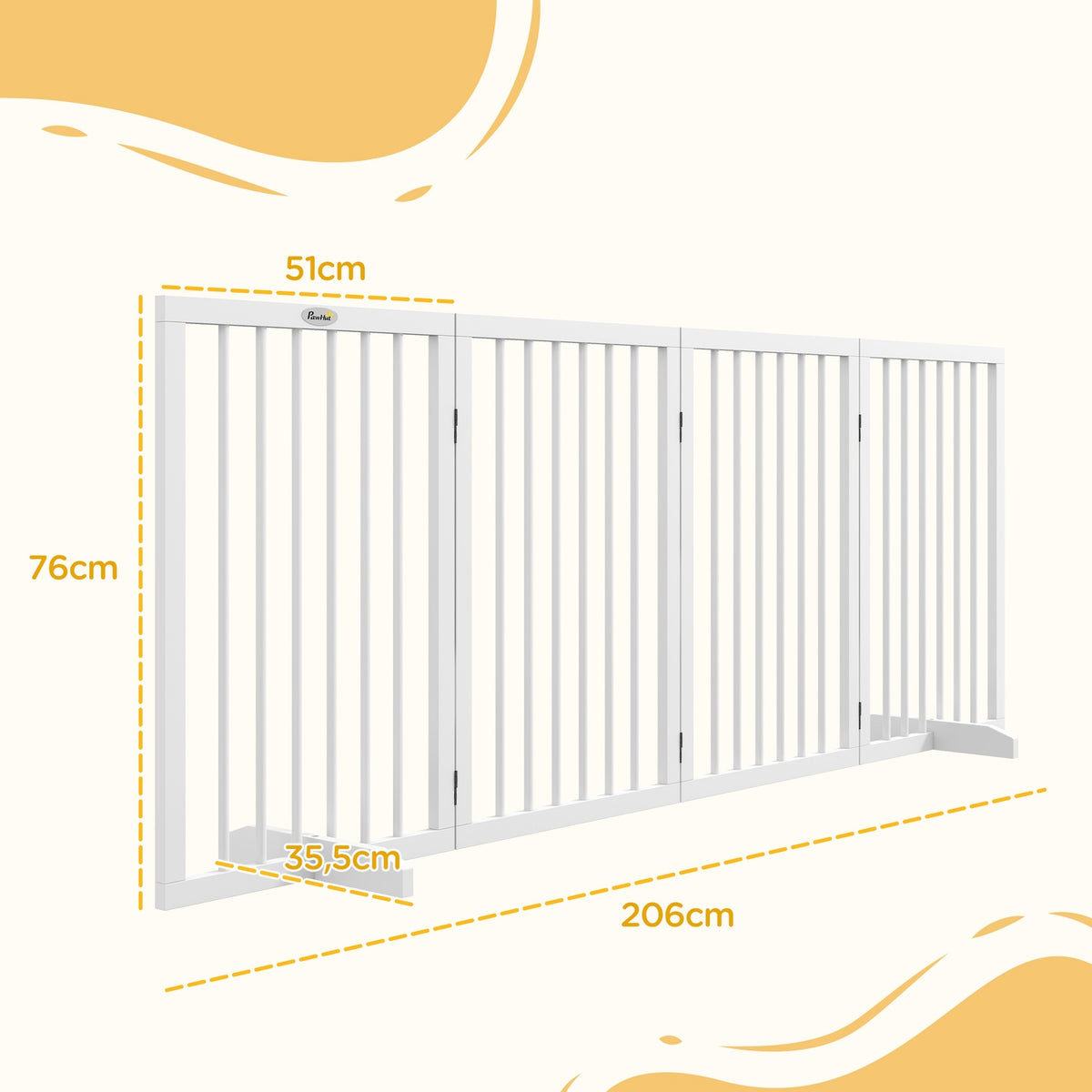 Dog barrier, 4 pieces, 206 x 76 cm, foldable door safety gate with 2 support feet, free-standing wooden dog gate, stair gate for kitchen