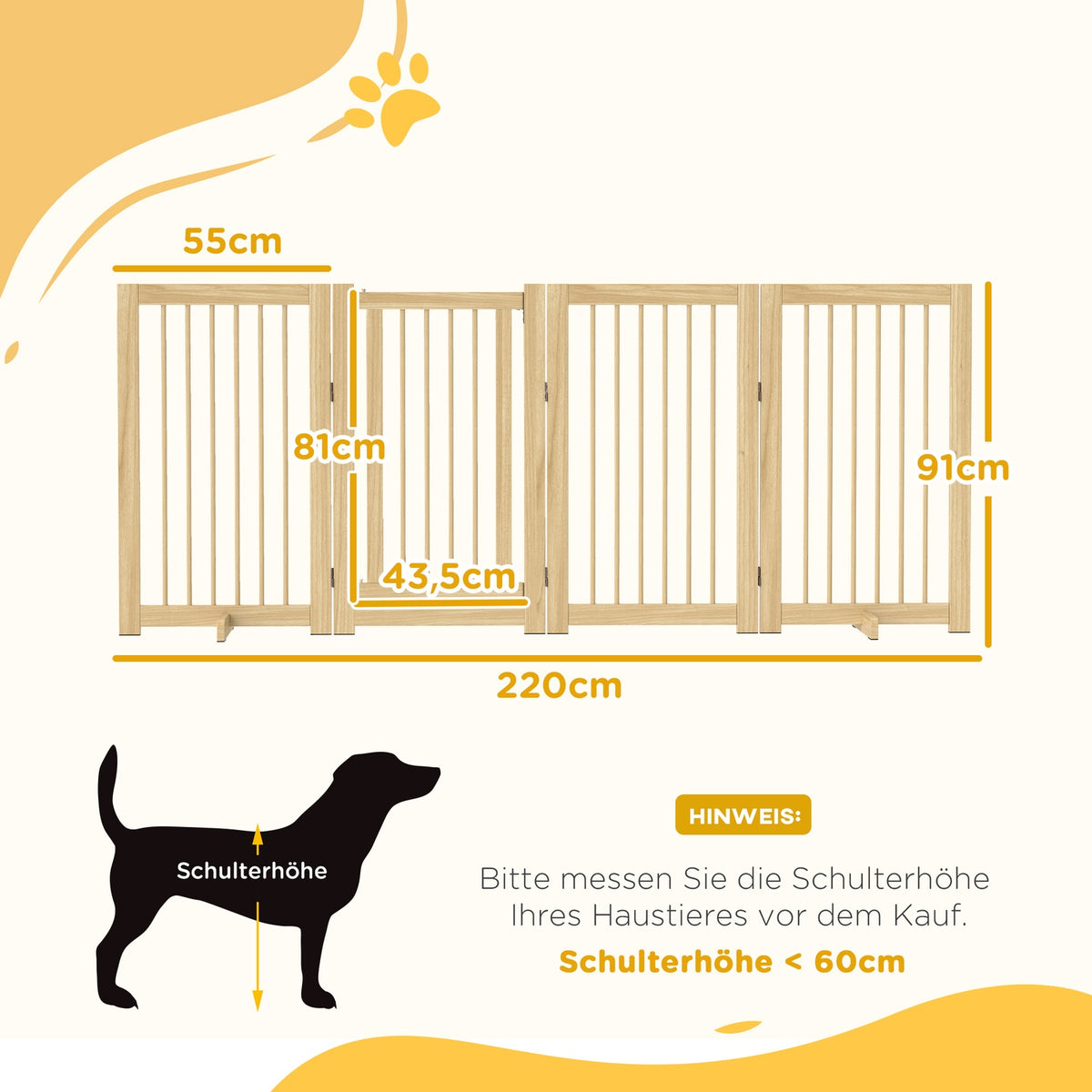 Dog barrier, 4 pieces, 220 x 91 cm, foldable door safety gate with door, free-standing wooden dog gate, with 2 support feet, stair gate