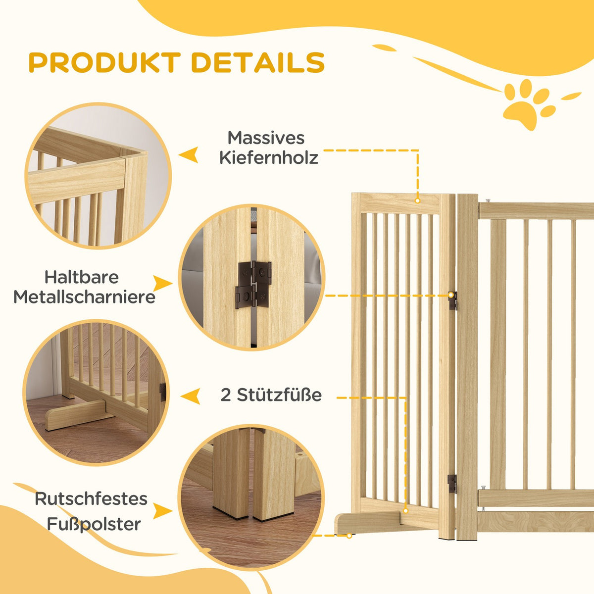 Dog barrier, 4 pieces, 220 x 91 cm, foldable door safety gate with door, free-standing wooden dog gate, with 2 support feet, stair gate