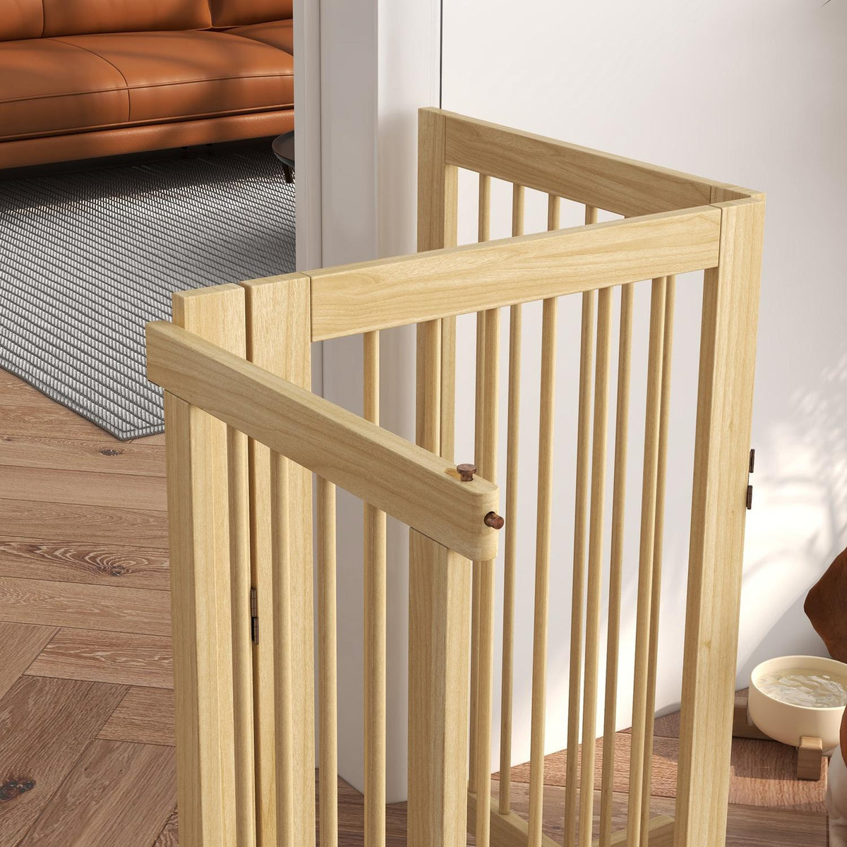 Dog barrier, 4 pieces, 220 x 91 cm, foldable door safety gate with door, free-standing wooden dog gate, with 2 support feet, stair gate