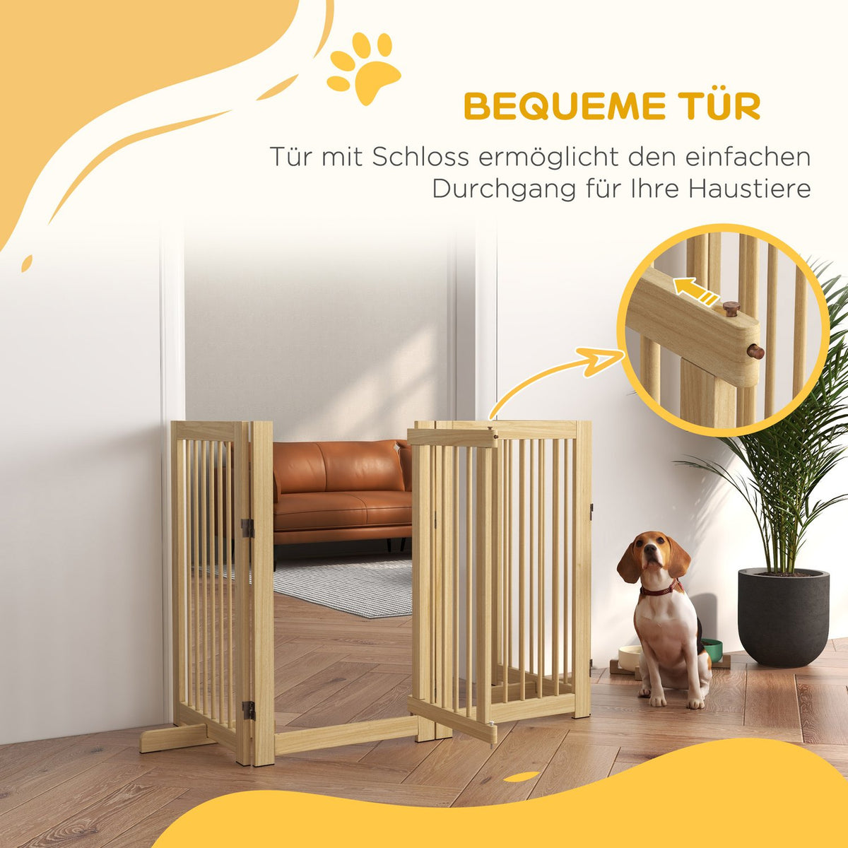 Dog barrier, 4 pieces, 220 x 91 cm, foldable door safety gate with door, free-standing wooden dog gate, with 2 support feet, stair gate