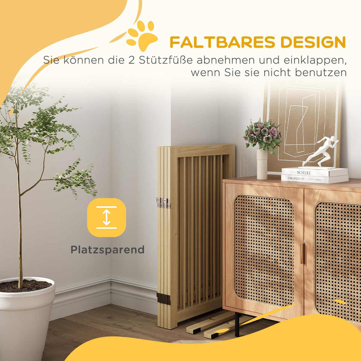 Dog barrier, 4 pieces, 220 x 91 cm, foldable door safety gate with door, free-standing wooden dog gate, with 2 support feet, stair gate