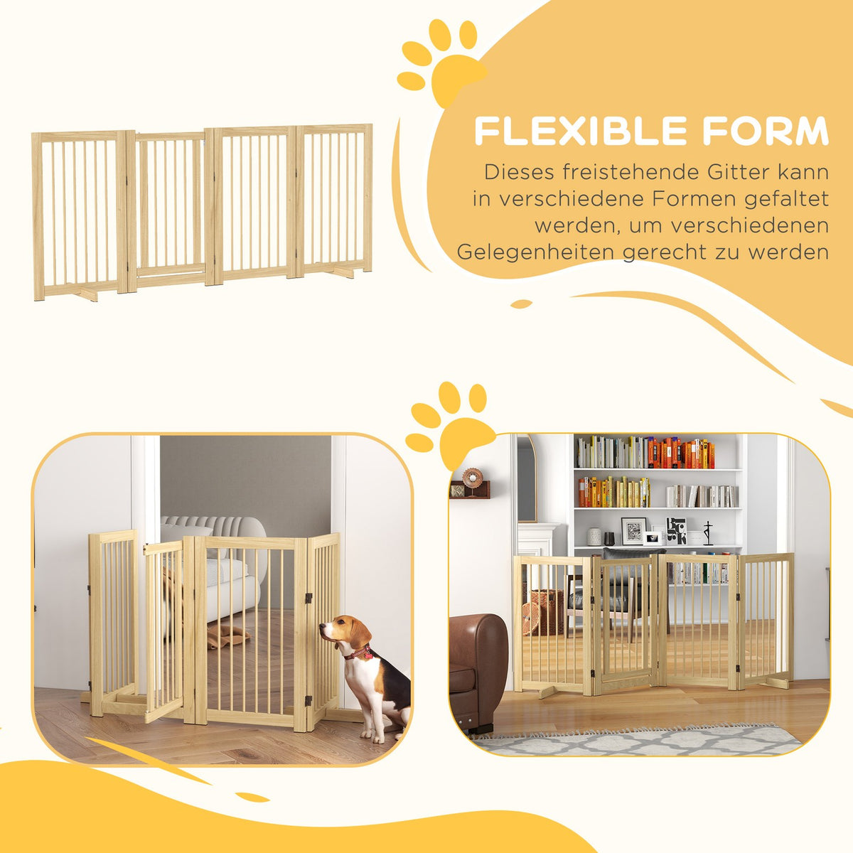 Dog barrier, 4 pieces, 220 x 91 cm, foldable door safety gate with door, free-standing wooden dog gate, with 2 support feet, stair gate