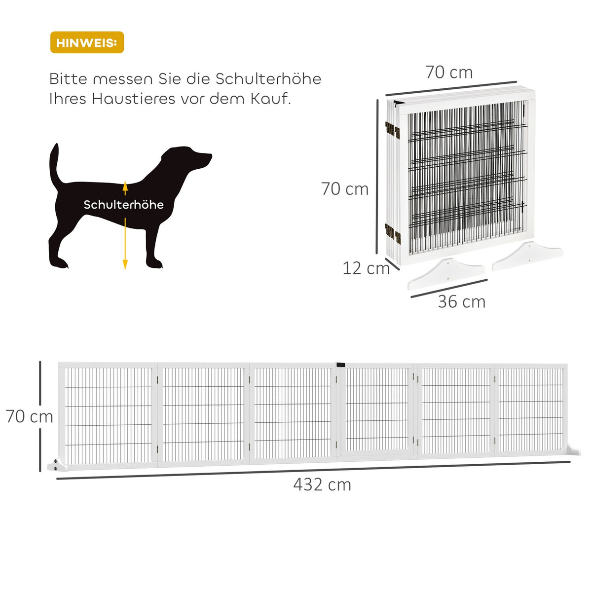 Dog barrier, adjustable safety gate with feet, 432 x 70 cm wooden dog gate, foldable stair gate, dog barrier for stairs, doors, hallway, 6 panels, white |