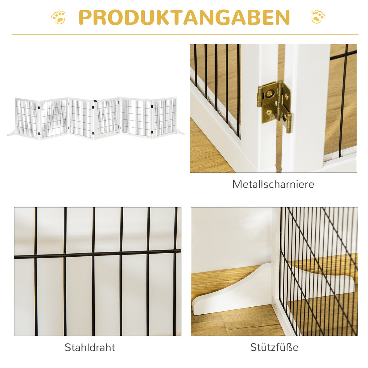 Dog barrier, adjustable safety gate with feet, 432 x 70 cm wooden dog gate, foldable stair gate, dog barrier for stairs, doors, hallway, 6 panels, white |